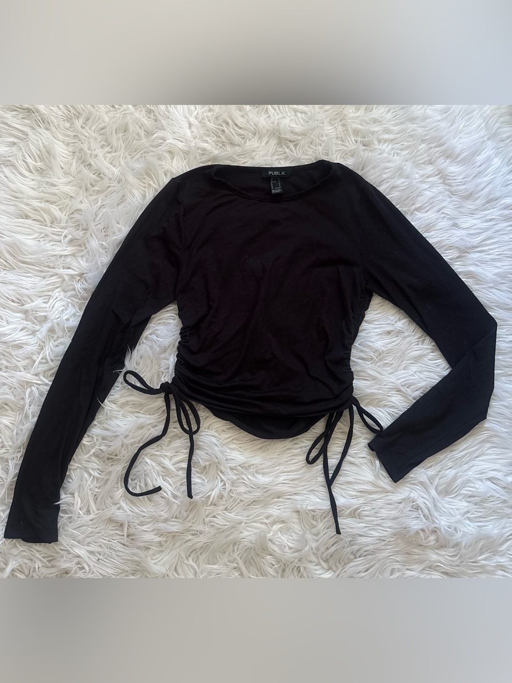 PUBLIK Black Long-Sleeve Side-Tie Ruched Crew Top